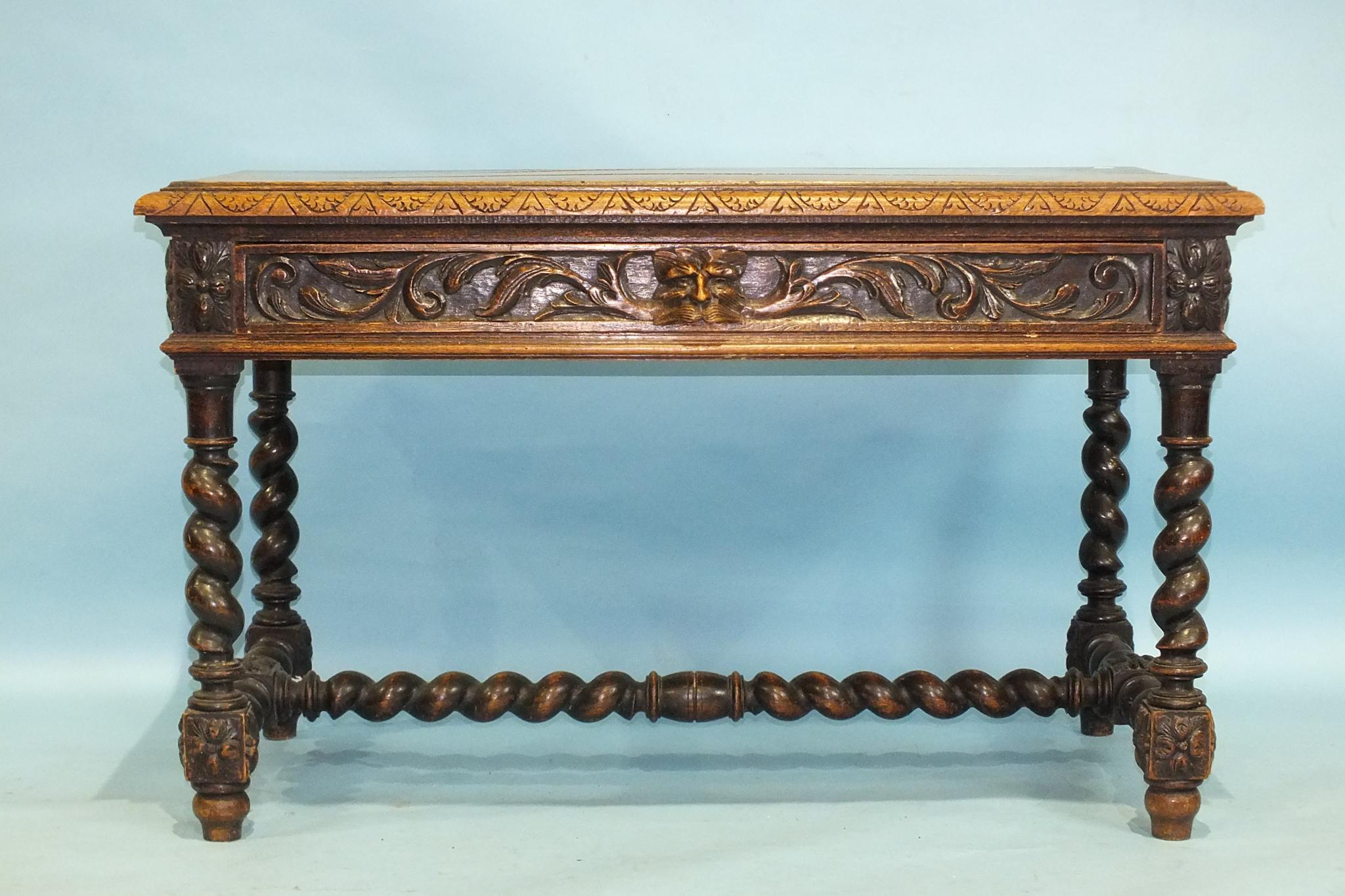 A Victorian carved oak rectangular centre table fitted with one frieze drawer, on spiral-twist - Image 2 of 2