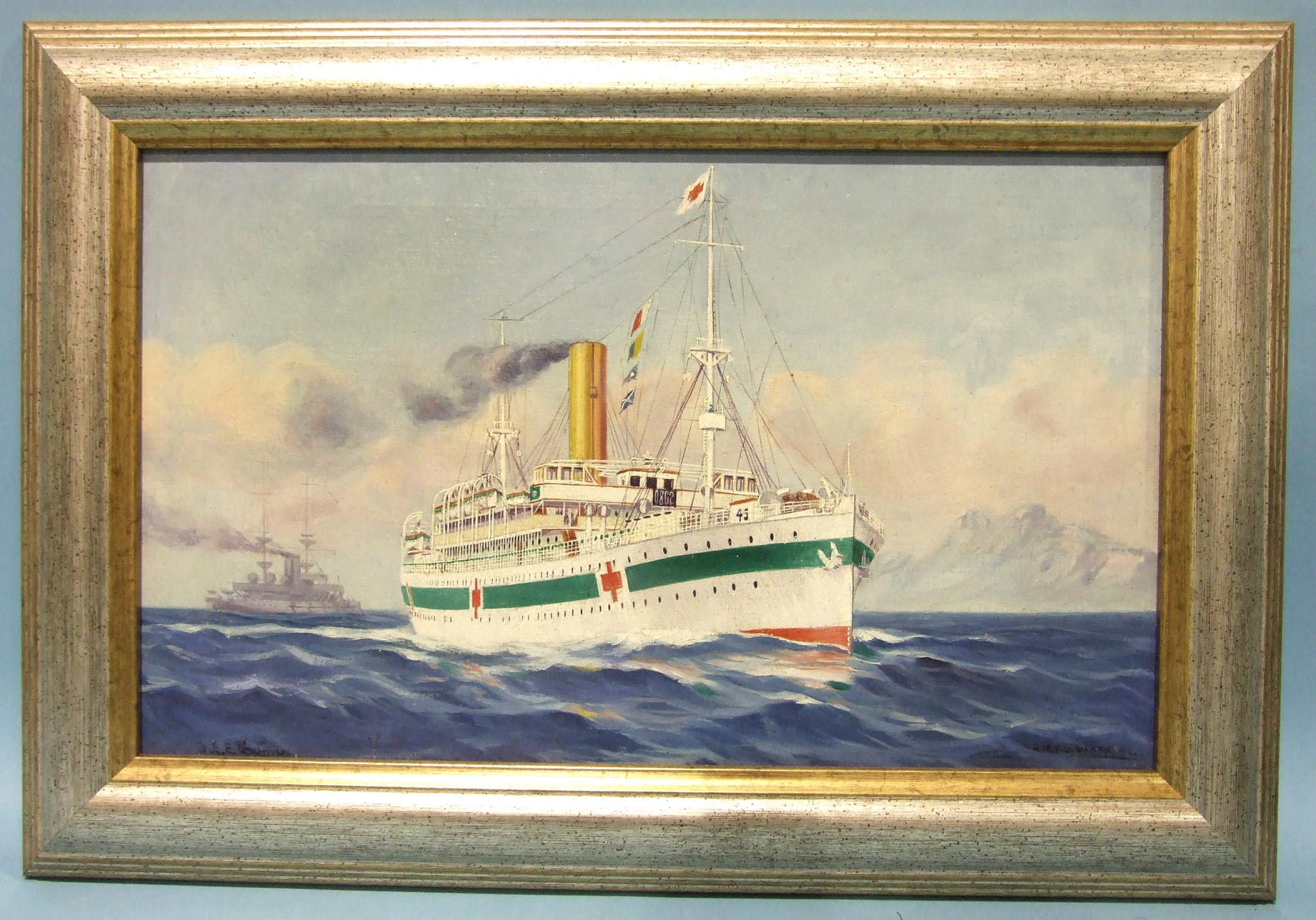 •D W E Gutman (modern) HMHS LANFRANCE Signed oil on canvas, titled label verso, 21.5 x 35.5cm.