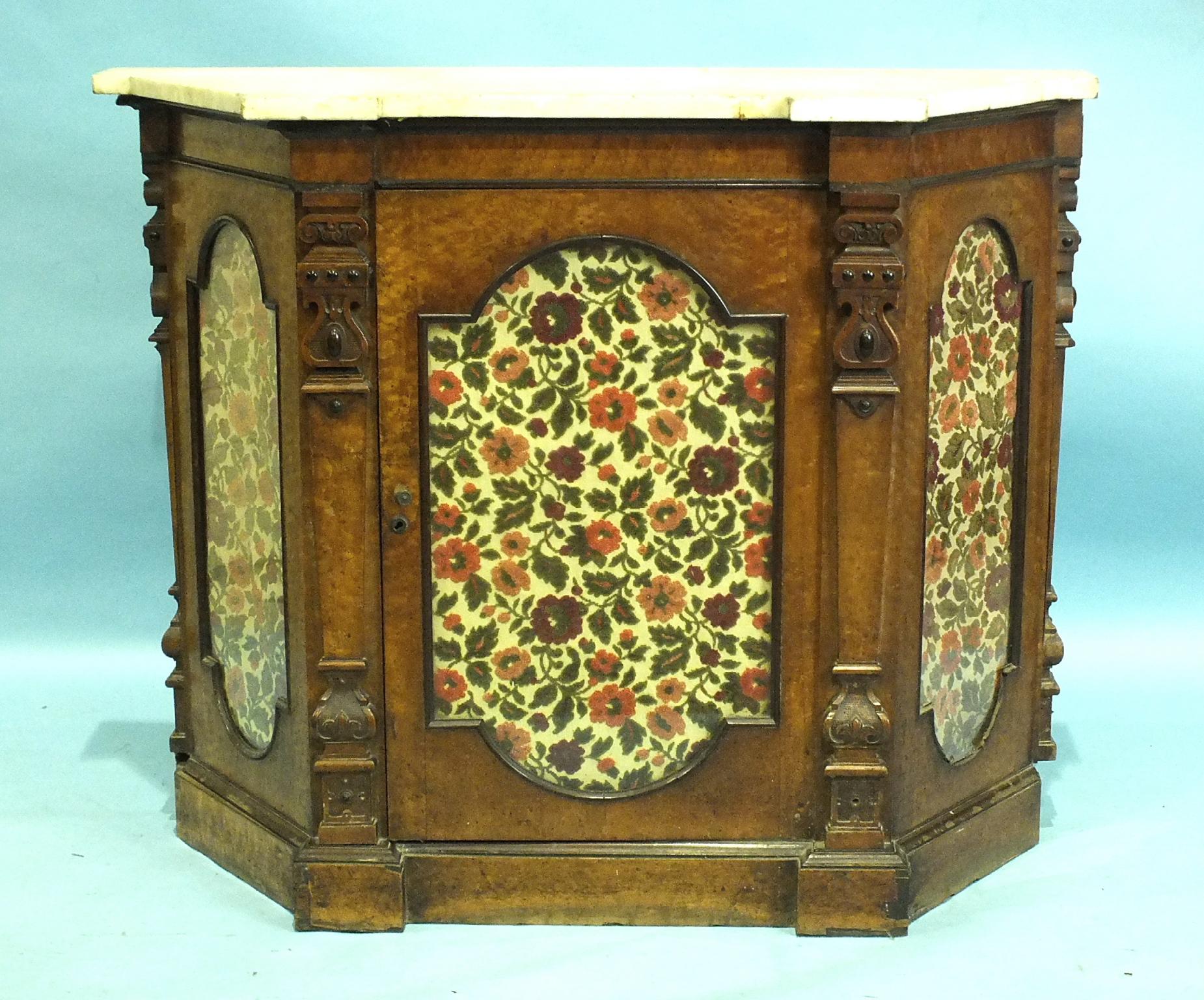 A Victorian burr walnut side cabinet with later marble top, above a central glazed door, 118cm wide.