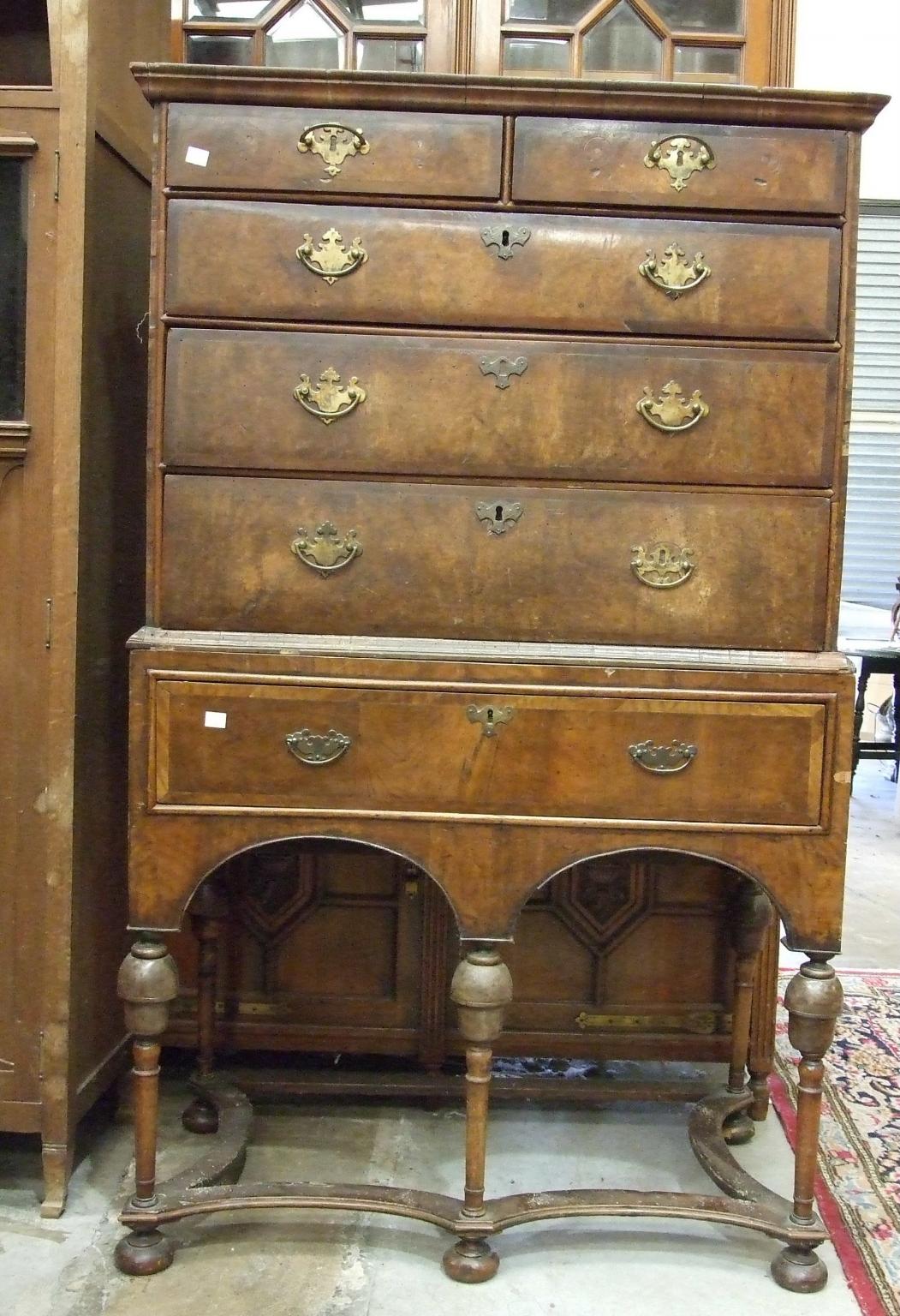 A mainly-18th century walnut chest on stand, the moulded cornice above two short and three long - Image 2 of 2