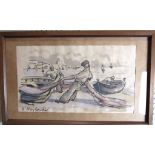 Early-20th century French (Wei Sawker?) FISHERMEN WITH BOATS ON A BEACH Watercolour, indistinctly-