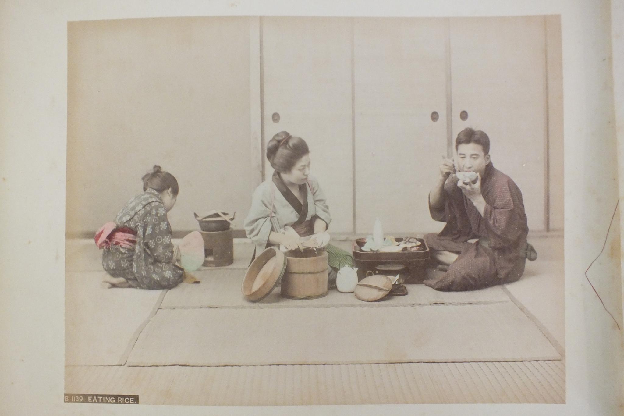 An early-20th century Japanese lacquered shibayama photograph album, containing fifty hand-tinted - Image 31 of 54