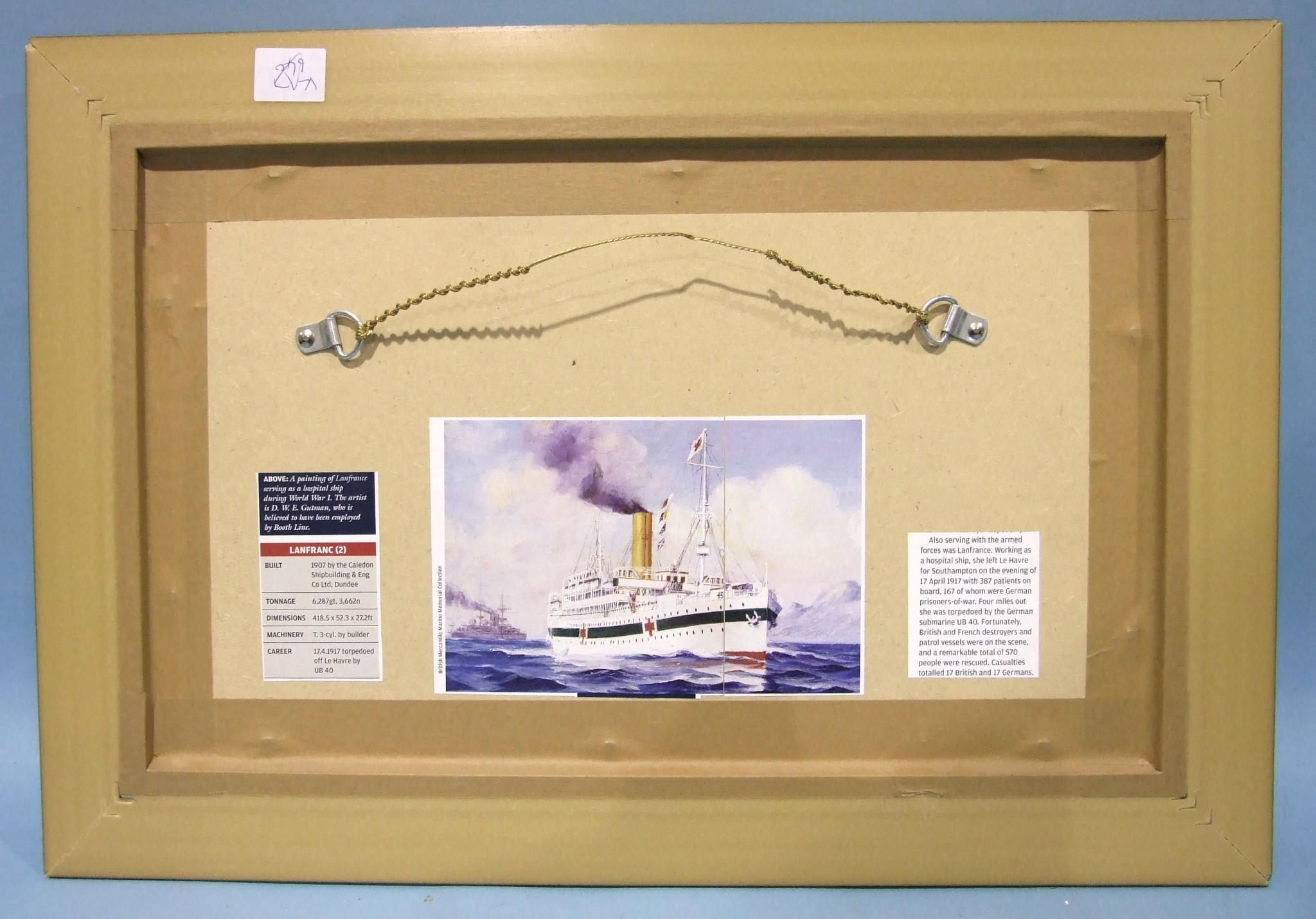 •D W E Gutman (modern) HMHS LANFRANCE Signed oil on canvas, titled label verso, 21.5 x 35.5cm. - Image 2 of 2