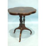 A Victorian inlaid rosewood centre table, the hexafoil top on three turned columns and downswept