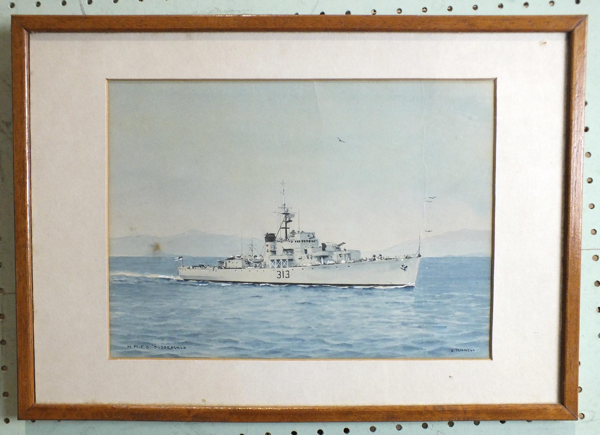 •Cdr Eric Erskine Campbell Tufnell RN (1888-1973) HMCS SUSSEXVALE OFF THE COAST Watercolour,
