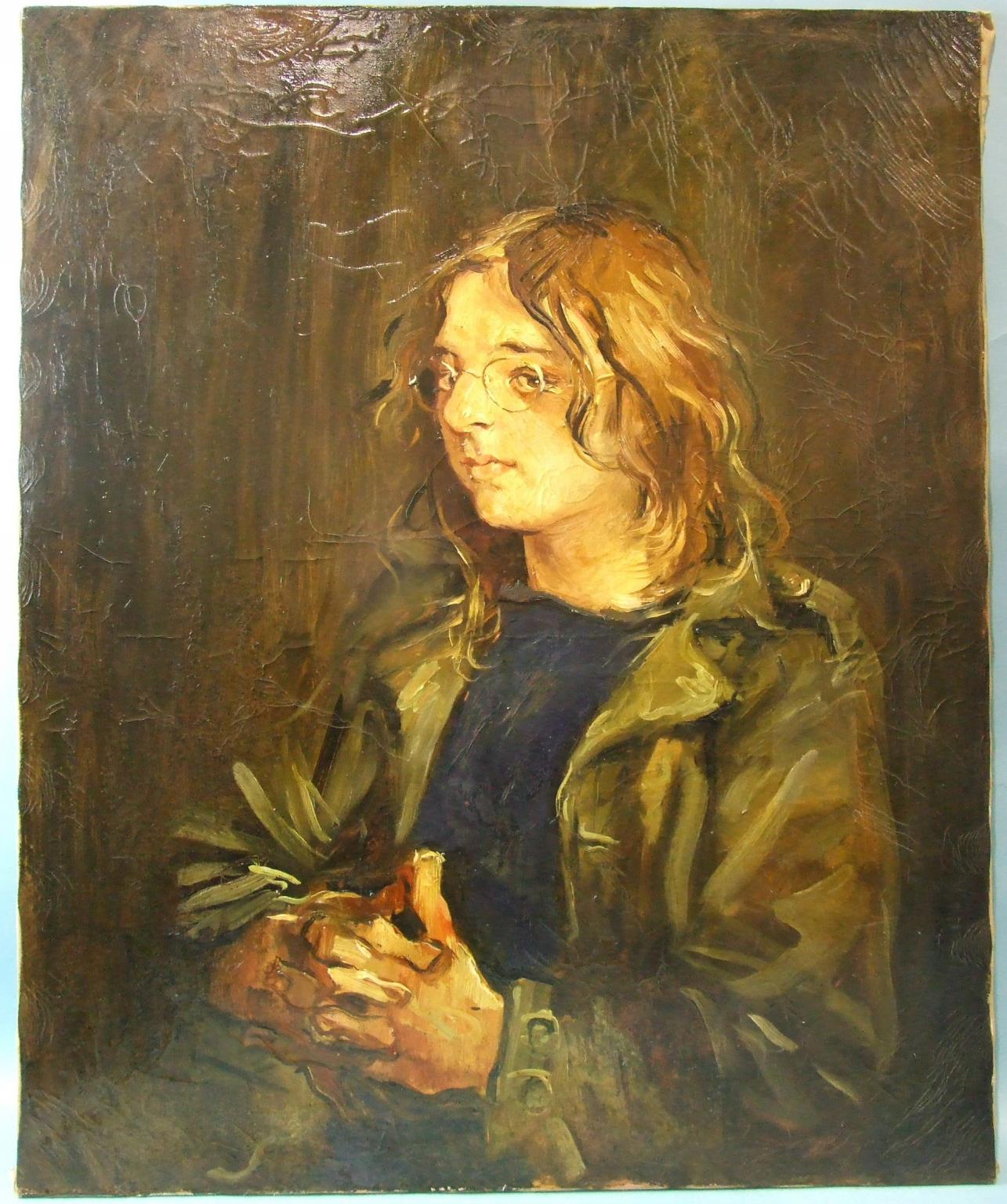 •R O Lenkiewicz (1941-2002) STUDY OF A YOUNG MAN WEARING GLASSES AND A GREEN JACKET Unsigned oil