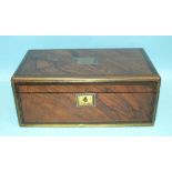 A Victorian walnut brass and ebony inlaid lap desk with fitted interior, the lid inset with