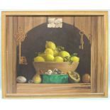 •Deborah Jones (1921-2012) STILL LIFE, BOWL OF FRUIT WITH KEYS AND MALACHITE Signed oil on board,