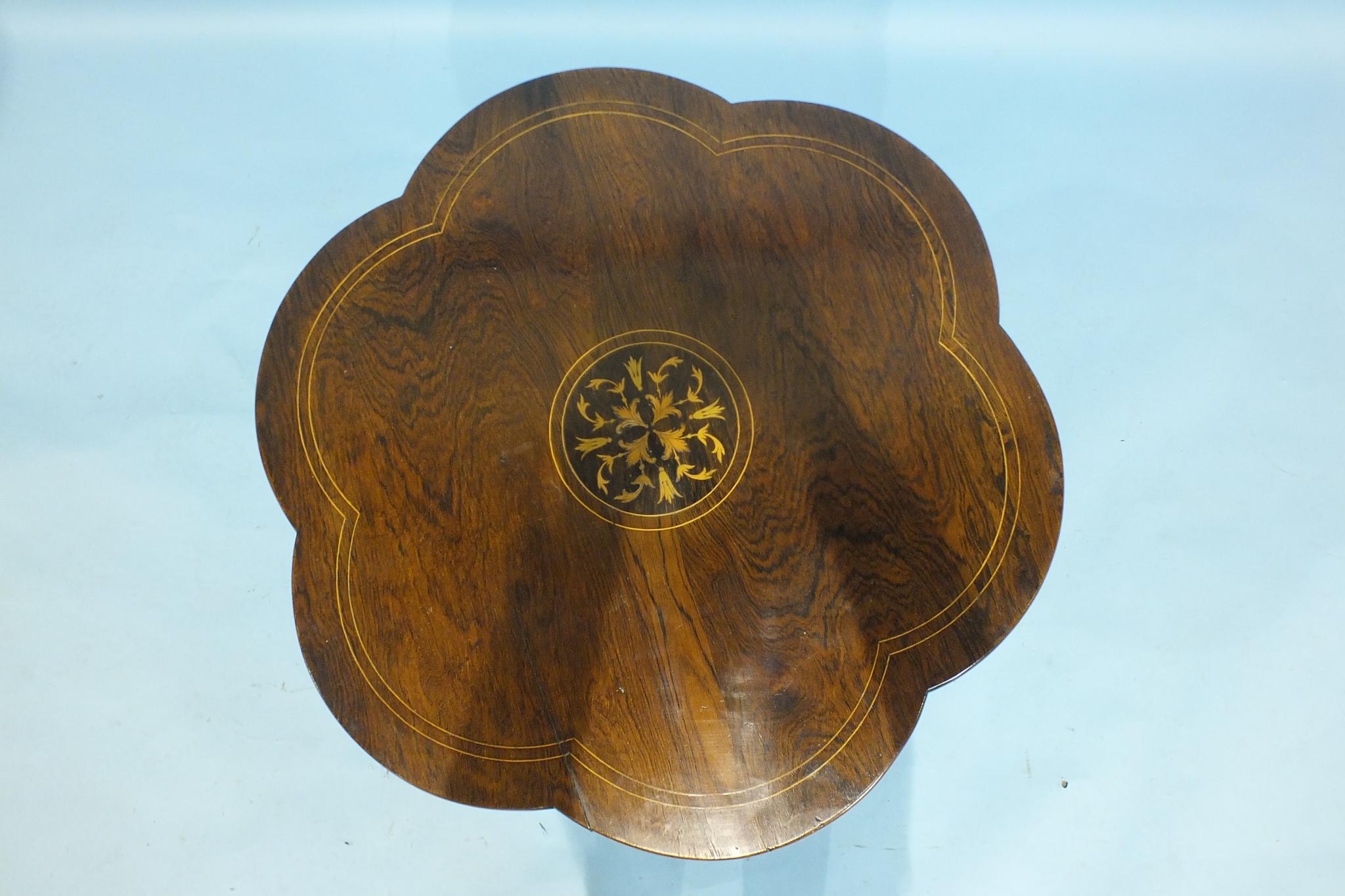 A Victorian inlaid rosewood centre table, the hexafoil top on three turned columns and downswept - Image 2 of 2