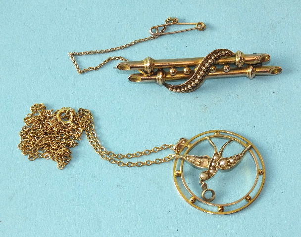 An Edwardian pearl-set swallow pendant, (damaged), on 9ct gold chain and a 9ct gold bar brooch,