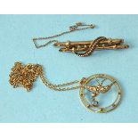 An Edwardian pearl-set swallow pendant, (damaged), on 9ct gold chain and a 9ct gold bar brooch,