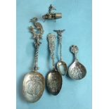 A Dutch Amsterdam souvenir spoon with stork and snake finial and other Continental silver items.