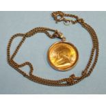A 1984 1/10 krugerrand gold coin in pendant mount, on neck chain, total weight 6.2g.