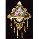 A French Belle Epoque brooch set a triangular enamel plaque depicting a female figure playing a lyre