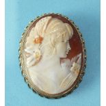 A modern shell cameo brooch with 9ct yellow gold rope-twist mount, 5.4 x 4cm, 17g.