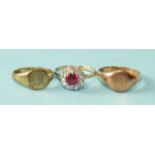 Two 9ct gold signet rings, sizes P and K and a 9ct gold cluster ring set red and white stones, 7.5g,