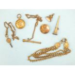 A horn-shaped watch key set bloodstone, a Royal Artillery sweetheart brooch, (damaged) and other