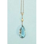 An early-20th century aquamarine, diamond and pearl pendant on chain, the pear-shaped aquamarine