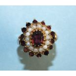 A garnet and pearl cluster ring with 9ct gold mount, size M, 4.9g.