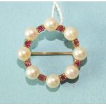 A wreath brooch alternately-set cultured pearls and round-cut rubies, on 9ct yellow gold mount, 2.