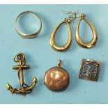 A pair of 9ct gold earrings, a 9ct gold signet ring, size M and other items, total weight 9.6g.