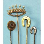 A gold stick pin in the form of a coronet set pearls, (damaged), a small 15ct gold horseshoe stick