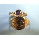 A 9ct gold ring set an amethyst and two white stones, size L and a 9ct gold signet ring, size U, 4.