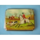 A painted engine-turned cigarette case by J C Ltd decorated with a hunting scene.