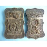 Two Chinese silver gilt filigree card cases of shaped outline with applied dragons, clouds and