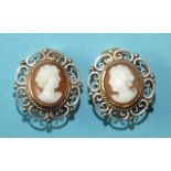 A pair of cameo ear clips, the shell cameos set in 9ct gold scroll mounts, 20 x 18mm, 7.4g.