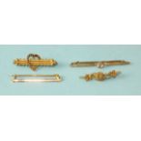 Two bar brooches set seed pearls, a 9ct gold bar brooch set paste and a plain gold bar brooch, gross