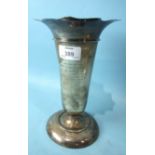 A large plain silver loaded spill vase with wavy rim, engraved To Mrs Demetriadi, Lindley Golf Club,