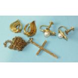 A 9ct gold cross and chain, 4g and two pairs of ear clips, 5.2g, total 9.2g.