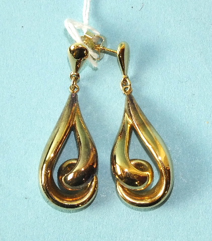 A pair of 9ct yellow gold pendant earrings of loop form, 4.3cm long, 5.2g.