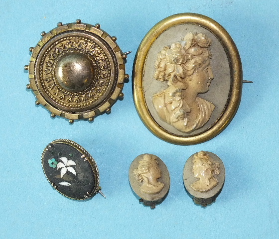 A small pietra dura brooch, a lava cameo brooch (damaged), with matching ear clips and a Victorian