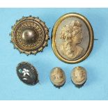 A small pietra dura brooch, a lava cameo brooch (damaged), with matching ear clips and a Victorian