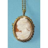 A modern 9ct-gold-mounted shell cameo brooch/pendant, on 9ct gold chain, total weight 8.2g.