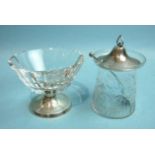 a silver lidded cut glass preserve pot with spoon, Birmingham 1916, and a cut glass sweetmeat dish