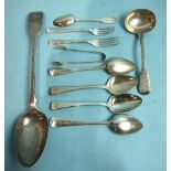 A fiddle pattern basting spoon, London 1828 and other flatware, ___14oz.