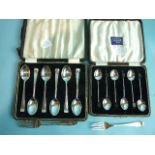 A set of six modern teaspoons in case, Birmingham, a set of six bean coffee spoons and two