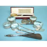 A boxed Coronation 1953 silver-gilt anointing spoon, four various silver napkin rings and other