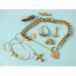 A 9ct gold curb-link bracelet with padlock clasp, six 9ct gold charms, (detached), a 9ct gold fine