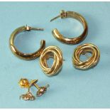 A pair of 9ct yellow gold hoop earrings, a pair of 9ct gold knot earrings and a pair of 9ct gold ear