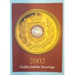 A 2002 Golden Jubilee sovereign in capsule and presentation card.