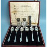 A set of six "Silver Hallmarks" teaspoons, two small glass bottles and other items.