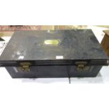 A japanned metal military storage box labelled R Connell Surgeon RN, Bilney & Co. Outfitters,