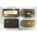 A horn snuff box with inset plaque, W H Inglis from Tom Bottomley 1879-1904, (damaged) and three
