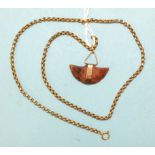 A gold mounted goldstone pendant on belcher link chain, 46cm, gross wt 11g.