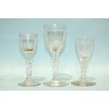 Three early English cordial glasses with engraved decoration.