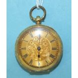 A lady's Continental 18k gold cased open face pocket watch with engraved gilt dial, 36mm diameter,